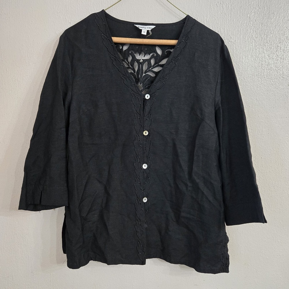 Jennifer Eden Black Cut Out Linen Open Front Cardigan Coverall Size 14 Button Up